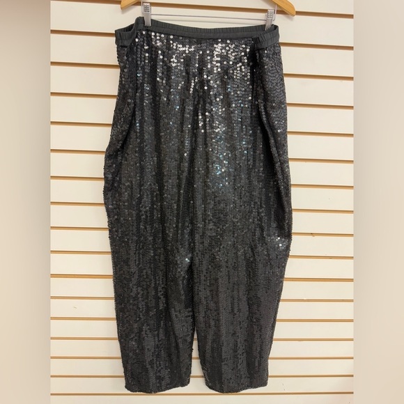 Roaman's Sequin Silk Pants Elastic Waist Pull On Lined Size H6 Black Shiny - Picture 4 of 9